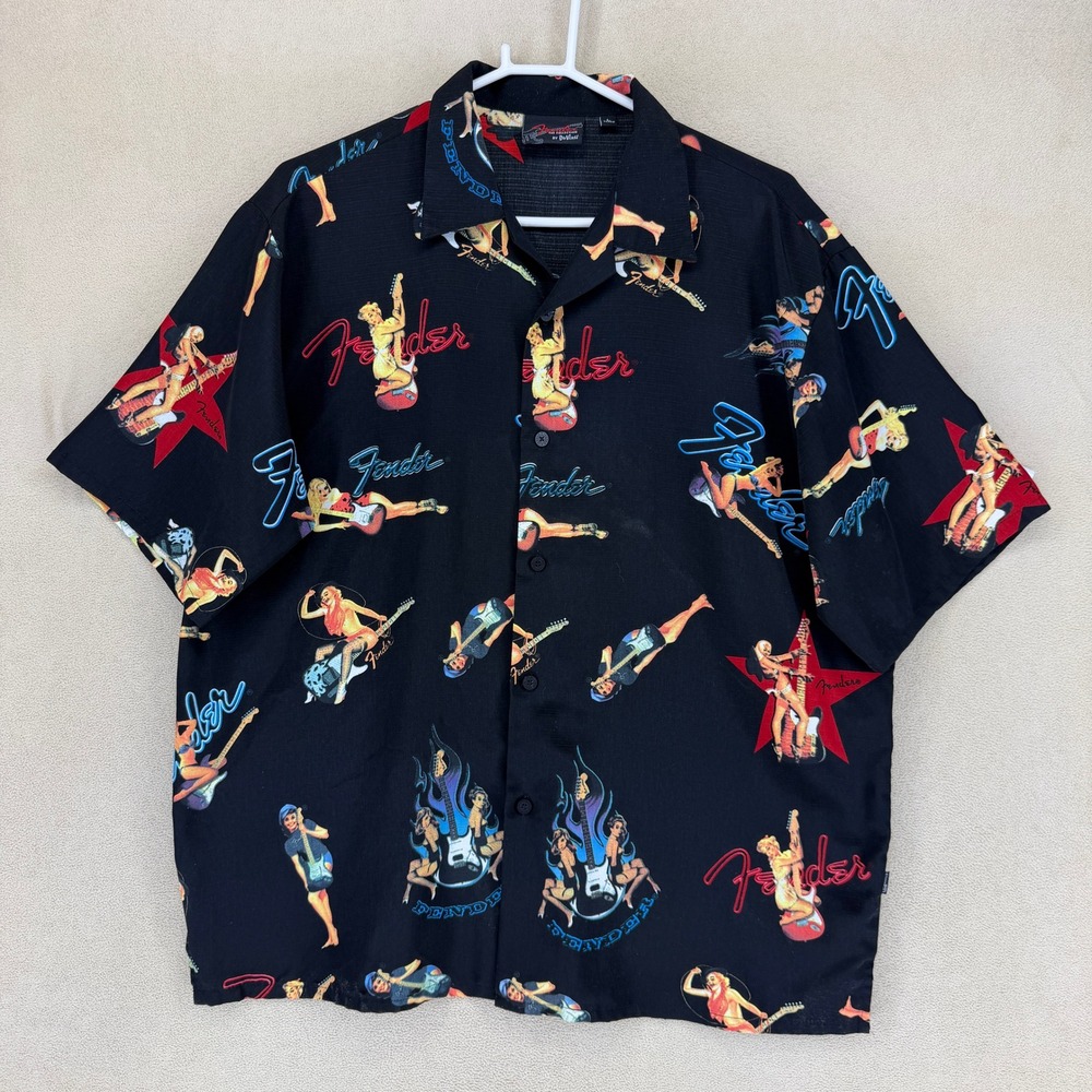 Fender The Collection DaVinci Mens Black Pin Up Guitar Print Button Up Shirt L